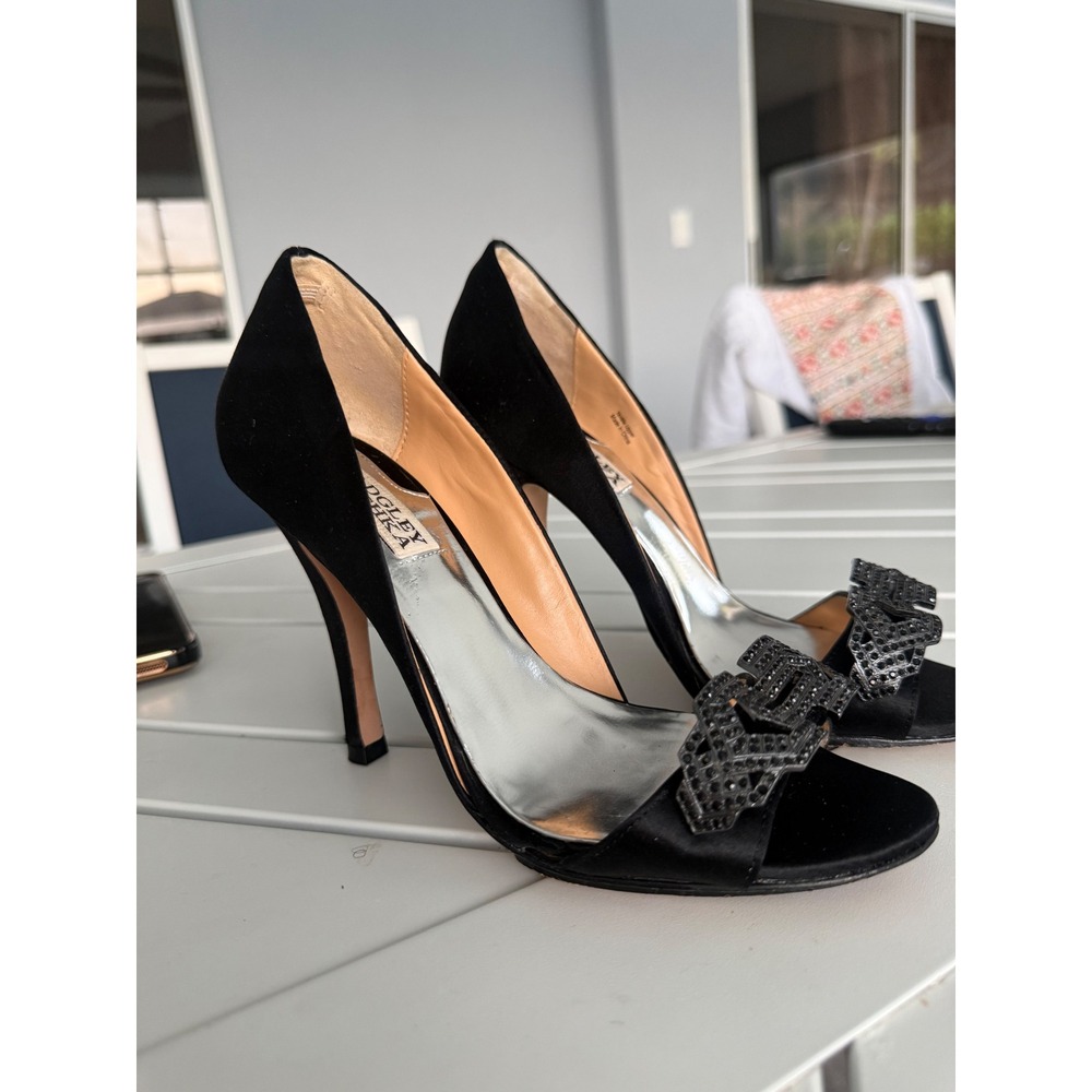 Badgley Mischka Black Satin Crystal Embellished Open Toe Pumps Heels Womens 7M - Picture 3 of 10